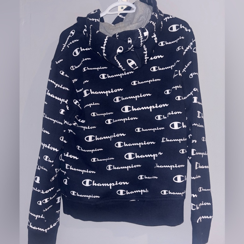 Champion Navy Hoodie with Logo Pattern - Picture 2 of 3